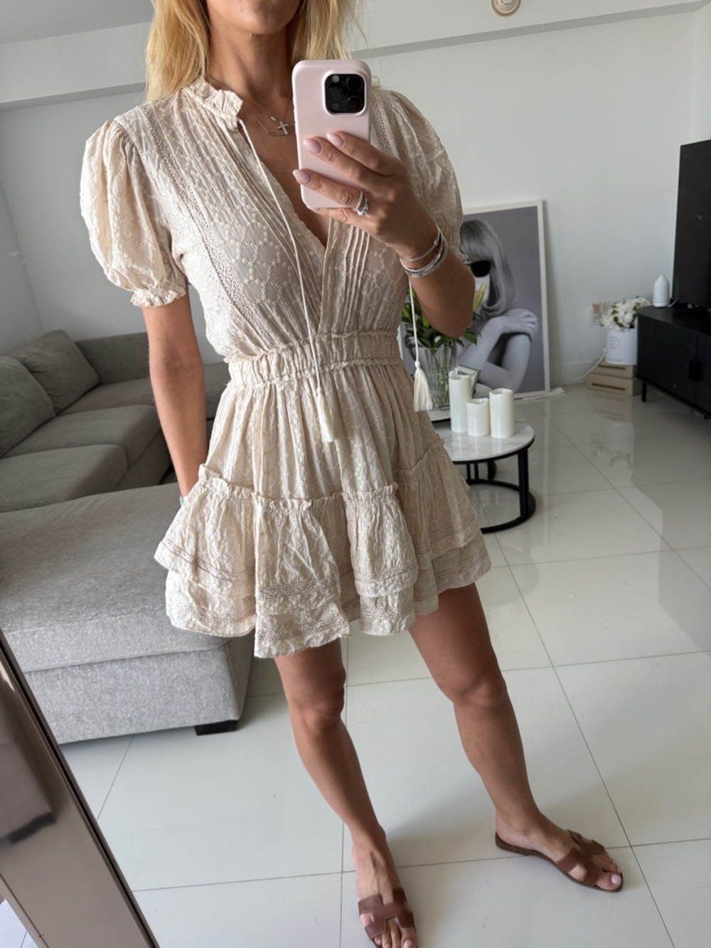 Textured Cream Mini Dress with Ruffle Hem
